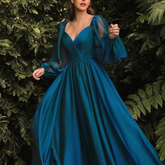 COPY - NEW PEACOCK COLOR WEDDING EVENING LONG SLEEVE CHIFFON A-LINE LONG DRESS … - Picture 6 of 6